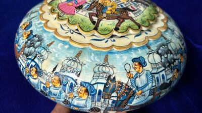 A Mughal style powder box recreating scenes from royal courts