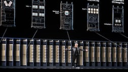 Nvidia chief executive Jensen Huang speaks at a trade show Taipei, Taiwan, on Monday. Bloomberg