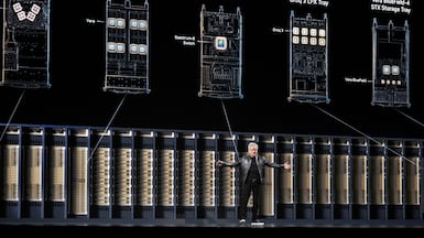 Nvidia chief executive Jensen Huang speaks at a trade show Taipei, Taiwan, on Monday. Bloomberg