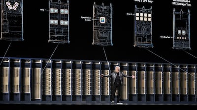 Nvidia chief executive Jensen Huang speaks at a trade show Taipei, Taiwan, on Monday. Bloomberg