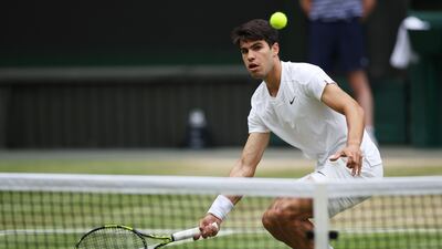 Carlos Alcaraz in action on Centre Court. EPA