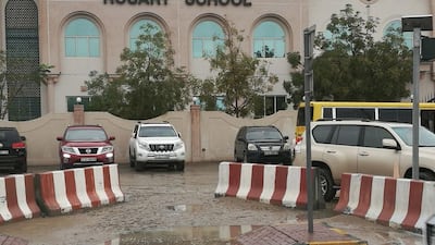 Water pools at the entrance of Rosary School in the Muwaileh area of Sharjah. Salam Al Amir / The National