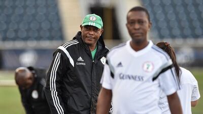 Nigeria manager Stephen Keshi looks on during his team's training session on Monday ahead of World Cup 2014 in Brazil. Nicholas Kamm / AFP / June 2, 2014