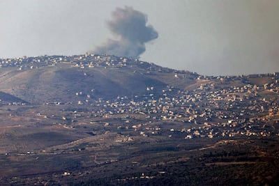 Smoke billows across the horizon along the hills in southern Lebanon from Israeli bombardment from a position along the border in northern Israel on Sunday. AFP