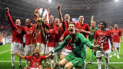Manchester United celebrate winning the 2008 Champions League final against Chelsea.