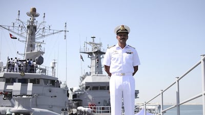 Capt V K Sawhney, senior officer of the Indian navy training squadron, on the INS Tir at Port Rashid, Dubai. Lee Hoagland / The National