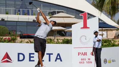 Ahmad Skaik tees off on Day 2 of the Asia-Pacific Amateur Championship at Dubai Creek and Yacht Club. Photo: AAC