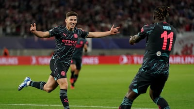 Manchester City's Julian Alvarez celebrates scoring their side's second goal of the game during the UEFA Champions League Group G match at the Red Bull Arena, Leipzig. Picture date: Wednesday October 4, 2023. PA Photo. See PA story SOCCER Man City. Photo credit should read: Nick Potts/PA Wire. RESTRICTIONS: Use subject to restrictions. Editorial use only, no commercial use without prior consent from rights holder.