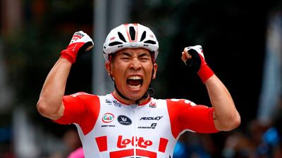Team Lotto rider Caleb Ewan celebrates as he finishes first in Stage 8 of the 102nd Giro d'Italia, 239kms from Tortoreto Lido to Pesaro. AFP