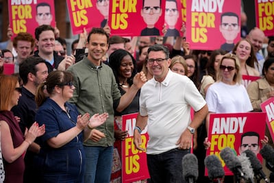 Andy Burnham celebrates his victory in Friday's Makerfield by-election. Getty Images