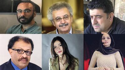 Clockwise from top left: Aziz Mohammed (Saudi Arabia), Ibrahim Nasrallah (Palestine/Jordan), Walid Shorafa (Palestine), Shahad Al Rawi (Iraq), Dima Wannous (Syria), and Amir Tag Elsir (Sudan).