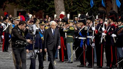 Italian president Sergio Mattarella attends a ceremony at the Altar of the Fatherland in Rome. EPA