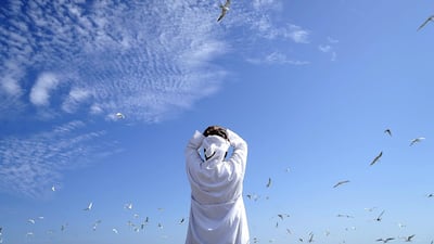1. SEAGULLS: A Sharjah fisherman and boat owner waits for the day's catch to come ashore near Sharjah's corniche in November 2017. Pawan Singh / The National