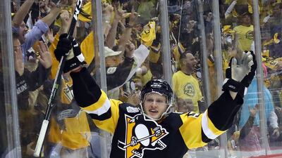 Jake Guentzel of the Pittsburgh Penguins reacts after scoring the winning goal against the Nashville Predators during Monday's Game 1 of the Stanley Cup Finals. Bruce Bennett / Getty Images