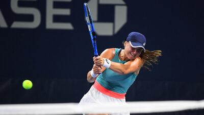 Rebecca Peterson hits the ball against Kirsten Flipkens. Robert Deutsch-USA TODAY Sports