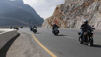 One hundred bikers navigated the twists and turns along the 20-kilometre mountain road leading up to Jebel Jais in Ras Al Khaimah, as part of the Emirates Bikes Festival. Courtesy Action