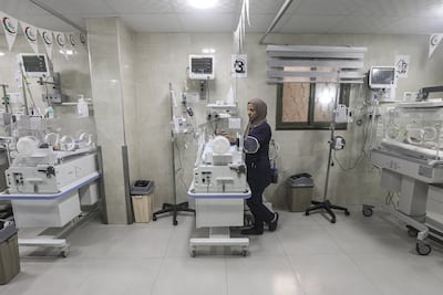 Premature babies in the neonatal unit at Al Awda Hospital in the Nuseirat refugee camp in central Gaza, which is struggling due to limited fuel supplies and shortages of medical equipment. Anadolu via AFP