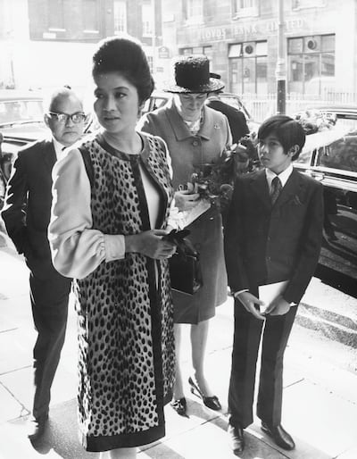 First lady Imelda Marcos with her son Ferdinand Jr, arriving at Claridge's Hotel, London, on September 7th, 1970. Getty Images.