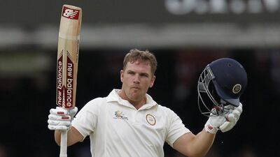 Current Australia batsman Aaron Finch celebrates his century for MCC against Rest of the World XI on Saturday in the Lord's Bicentenary match. He finished with 181 runs not out. Ian Kington / AFP