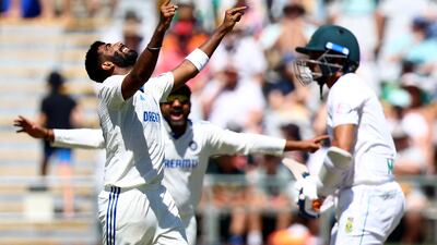 India's Jasprit Bumrah celebrates taking the wicket of South Africa's Keshav Maharaj. Reuters