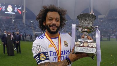 Marcelo celebrates after the Super Cup win against Athletic Bilbao at King Abdullah Sports City on January 16, 2022 in Jeddah, Saudi Arabia. Getty