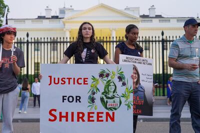 A woman at a vigil for Palestinian-American journalist Shireen Abu Akleh outside the White House. Willy Lowry / The National