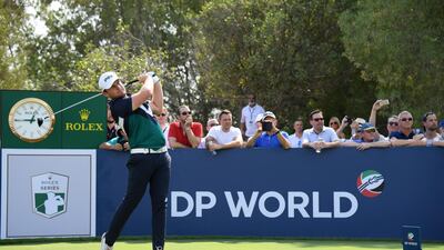 Tyrrell Hatton of England tees off on the 18th hole during the second round of the DP World Tour Championship. Ross Kinnaird / Getty Images