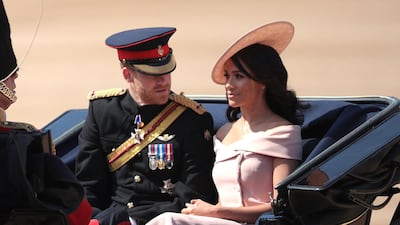 Prince Harry and Meghan, Duchess of Sussex arrive at The Royal Horseguards during the Trooping the Colour ceremony on June 9, 2018 in London, England. Getty Images