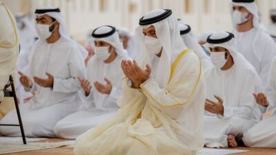Sheikh Saud bin Saqr Al Qasimi, Supreme Council Member and Ruler of Ras Al Khaimah, and Sheikh Mohammed bin Saud bin Saqr Al Qasimi, Crown Prince of Ras Al Khaimah, lead Eid Al Adha prayers at the Sheikh Khalifa bin Zayed Grand Mosque in Al Riffa, Ras Al Khaimah. Wam