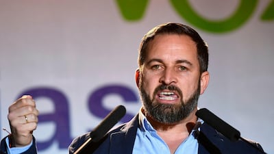 Vox Party leader Santiago Abascal speaks at an election night rally in Madrid on April 28, 2019. AFP