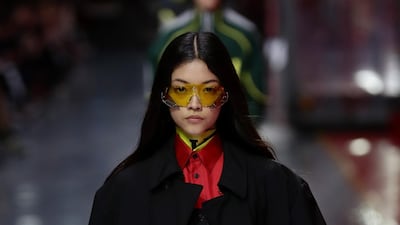 A model walks the runway at the fashion debut of the first co-ed Ferrari collection at Ferrari Factory on June 13, 2021 in Maranello, Italy. Getty Images