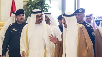 Sheikh Mohammed bin Zayed, Crown Prince of Abu Dhabi and Deputy Supreme Commander of the Armed Forces, is received by King Salman Al Saud, upon arriving in Riyadh to attend the GCC Summit. Ryan Carter / Crown Prince Court - Abu Dhabi