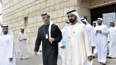Sheikh Mohammed bin Rashid, Vice President and Ruler of Dubai, with Sheikh Mansour bin Zayed, Deputy Prime Minister and Minister of Presidential Affairs, at the World Government Summit on Tuesday. Wam