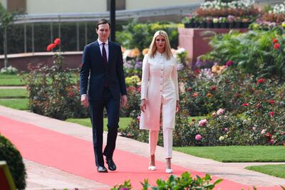 White House senior advisors Ivanka Trump and Jared Kushner arrive at Hyderabad House in New Delhi on February 25, 2020. AFP