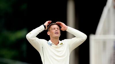 South Africa's George Linde after being hit for a boundary by India batsman Umesh Yadav. AP