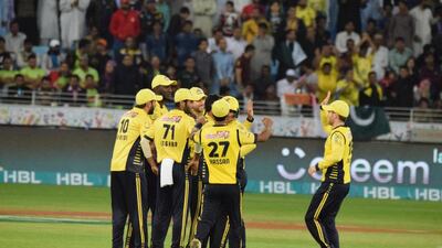 Peshawar Zalmi are shown during their match against Karachi Kings on February 10, 2017, at Dubai International Cricket Stadium. Courtesy Dubai Sports City