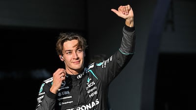 Mercedes' George Russell celebrates after getting pole position in the sprint qualifying session for the Chinese Grand Prix in Shanghai. AFP