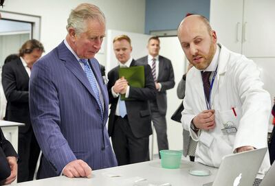 Prince Charles at the Polymateria lab in 2019 with Dr Chris Wallis, who heads up innovations at the company. Courtesy Polymateria
