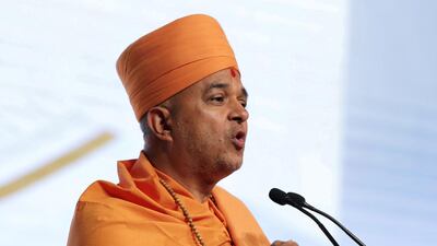 Swami Brahmavihari speaks at the Global Conference of Human Fraternity in Abu Dhabi in February. Chris Whiteoak / The National