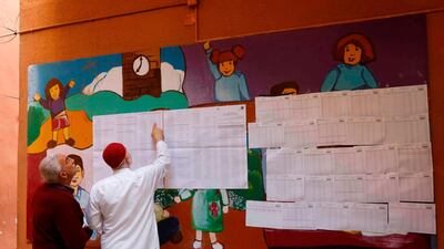 Two voters search for their names at a polling station in the northern Lebanese port city of Tripoli before voting on May 6, 2018 in Lebanon's first parliamentary election in nine years. Marwan Tahtah / AFP