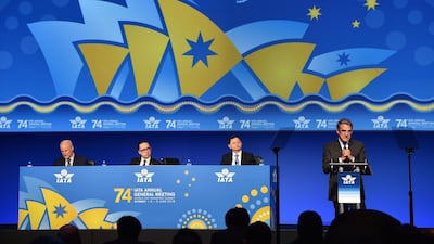 International Air Transport Association (IATA) chief executive Alexandre de Juniac (R) speaks at the closing of the IATA annual meeting. Mr Juniac says a solution in the short run to the $5 billion owed by Venezuela doesn't seem probably in the short term. Peter Parks / AFP