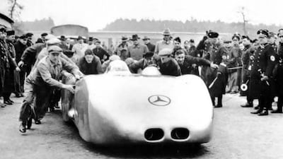 The W125 Rekordwagen in 1938. Visitors to the Mercedes-Benz Museum in Germany can see the actual car on a dramatic wall display. Courtesy of Daimler