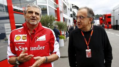 Sergio Marchionne, right , alongside Ferrari Formula One Team principal Maurizio Arrivabene. Leonhard Foeger / Reuters / June 21, 2015