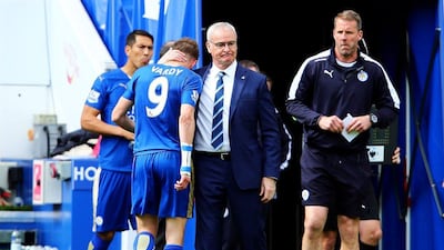 Leicester City’s Jamie Vardy (2-L) is comforted by Leicester’s manager Claudio Ranieri (C) after being sent off during the Premier League match between Leicester City and West Ham United at the King Power Stadium in Leicester, Britain, 17 April 2016. EPA/TIM KEETON