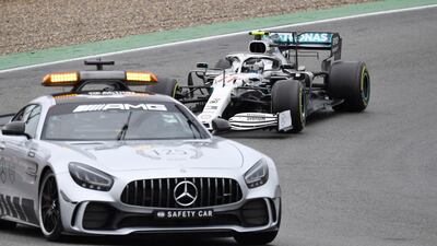 Valtteri Bottas drives behind the safety car. AP Photo