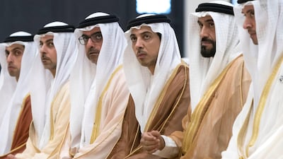 Sheikh Hazza bin Zayed, Sheikh Nahyan bin Zayed, Sheikh Mansour bin Zayed, Sheikh Hamed bin Zayed Al Nahyan, Chairman of the Crown Prince Court of Abu Dhabi and Sheikh Omar bin Zayed, Deputy Chairman of the Board of Trustees of Zayed bin Sultan Al Nahyan Charitable and Humanitarian Foundation and Sheikh Khaled bin Zayed, Chairman of the Board of Zayed Higher Organisation for Humanitarian Care and Special Needs. Rashed Al Mansoori / Ministry of Presidential Affairs