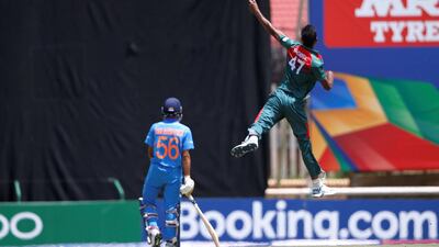 Bangladesh's Shoriful Islam, right, engineered India's batting collapse in the Under-19 World Cup final in February. AFP