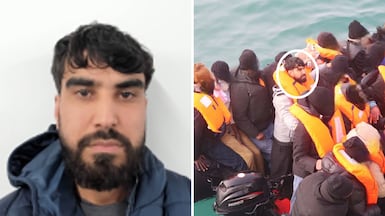 Afghan national Mohammad Tajik, left and circled right, has been jailed for piloting a small boat across the English Channel. PA