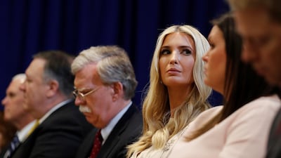 White House senior adviser Ivanka Trump listens as she sits beside US Vice President Mike Pence, Secretary of State Mike Pompeo, National Security Adviser John Bolton and White House Press Secretary Sarah Huckabee Sanders during US President Donald Trump's bilateral meeting with South Korean President Moon Jae-in. Reuters