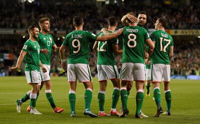 Republic of Ireland’s Daryl Murphy celebrates scoring their second goal with teammates. Clodagh Kilcoyne / Reuters